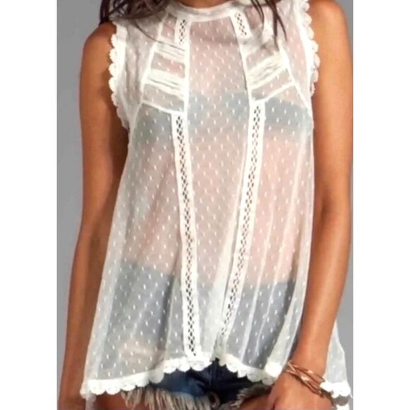 Free People Tops - Free People Women Sleeveless Ivory Tunic Top Sheer Lace Ruffle Size S 1104R4
